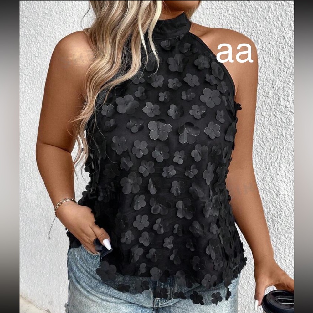 Boho Classic Elegant Floral Appliqué Halter Neck Tank Evening Top Blouse Black